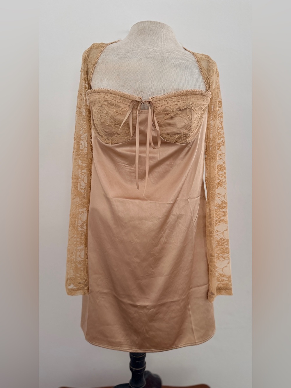 TIMING Taupe Satin & Lace Corset Bustier Mini Dress Size Large